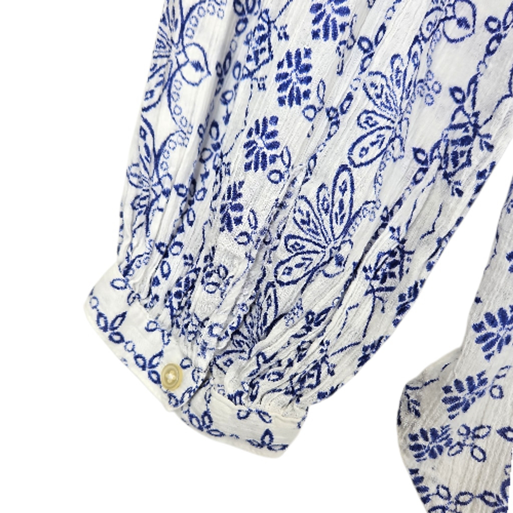 LOFT Ann Taylor Blue White Peasant Blouse Women L Boho Long Sleeve Cottagecore - Picture 3 of 7